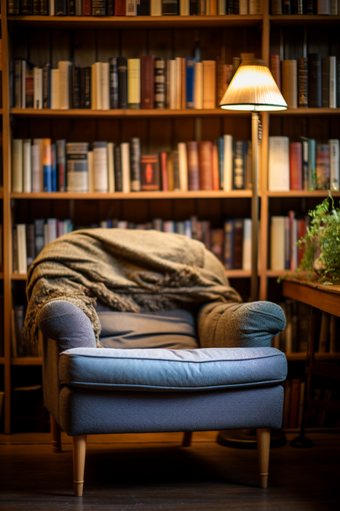 A cozy chair in front of a bookshelf, creating a winter retreat.