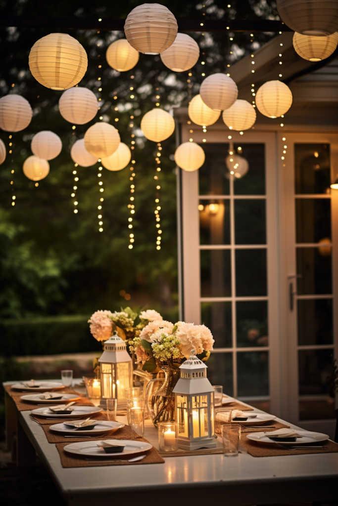 A table set with white paper lanterns and flowers, creating a cozy home ambiance perfect for winter decor and hygge.