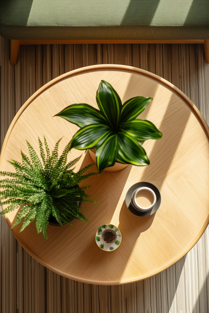 A cozy wooden table with a plant on it, creating a hygge heaven in your home retreat.