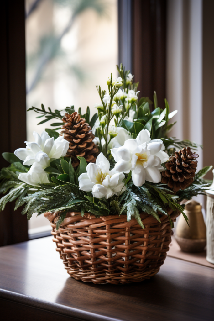 A wicker basket filled with white flowers and pine cones, creating a cozy home retreat with winter decor.