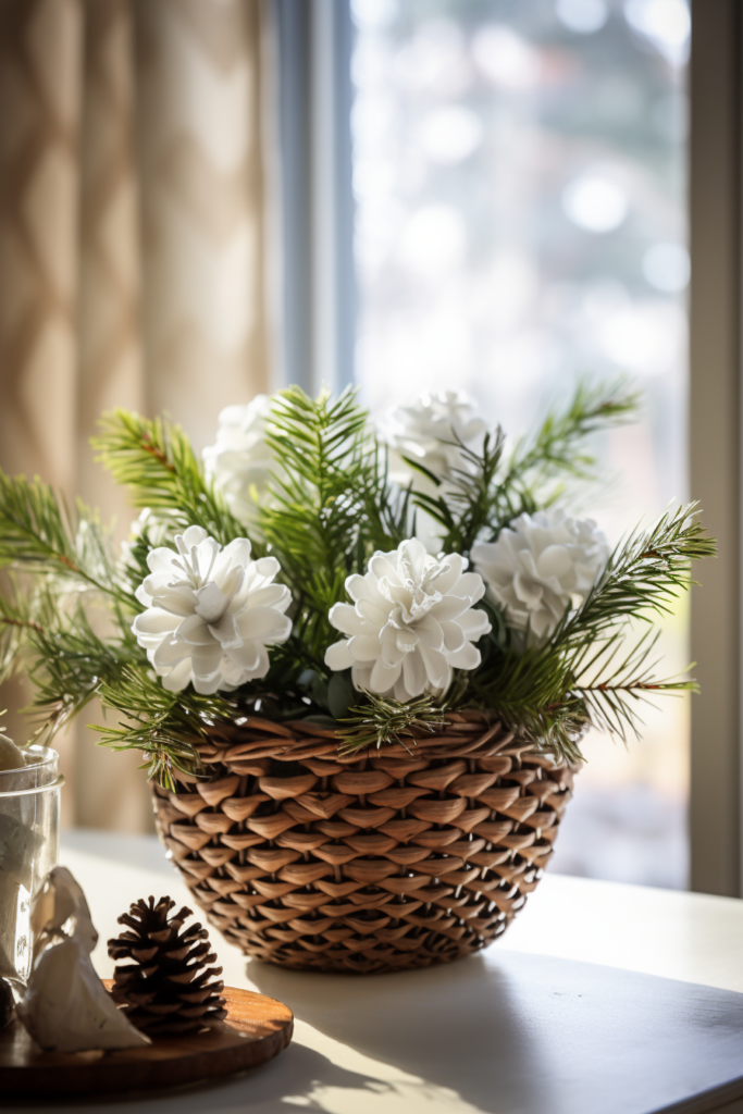 A hygge-inspired wicker basket filled with white flowers and pine cones, adding a touch of cozy winter decor to your home.