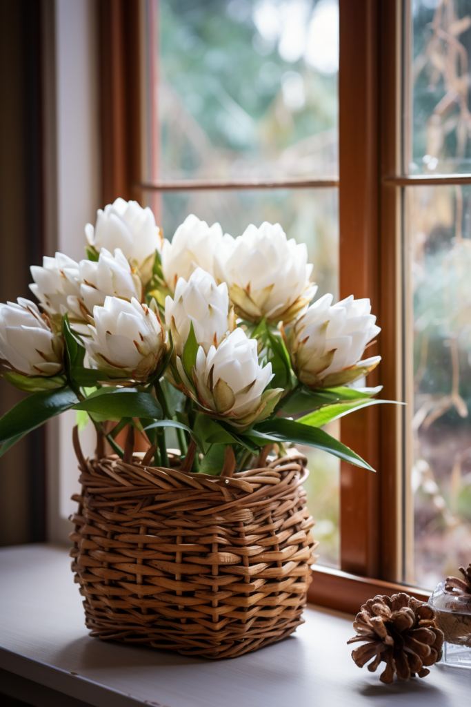 White flowers in a cozy home retreat on a window sill.