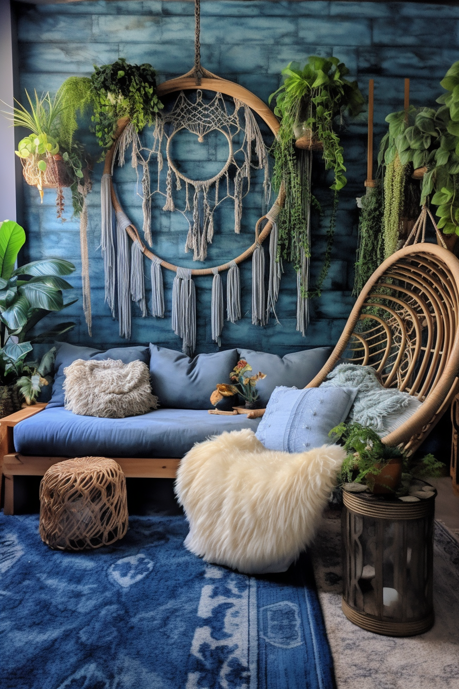A living room with a blue couch and a dream catcher.
