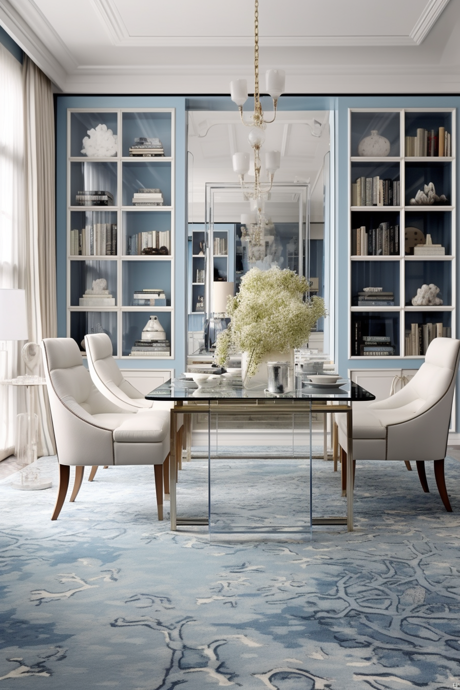 A dining room with hints of blue on cool-toned walls and white furniture.