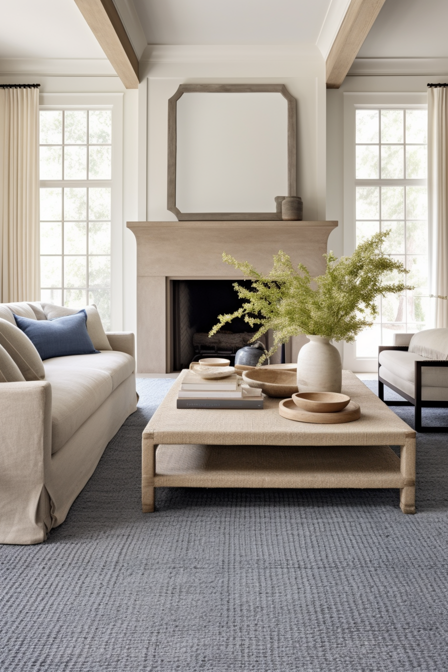 A living room with a blue rug, infused with grey accents, and white furniture.