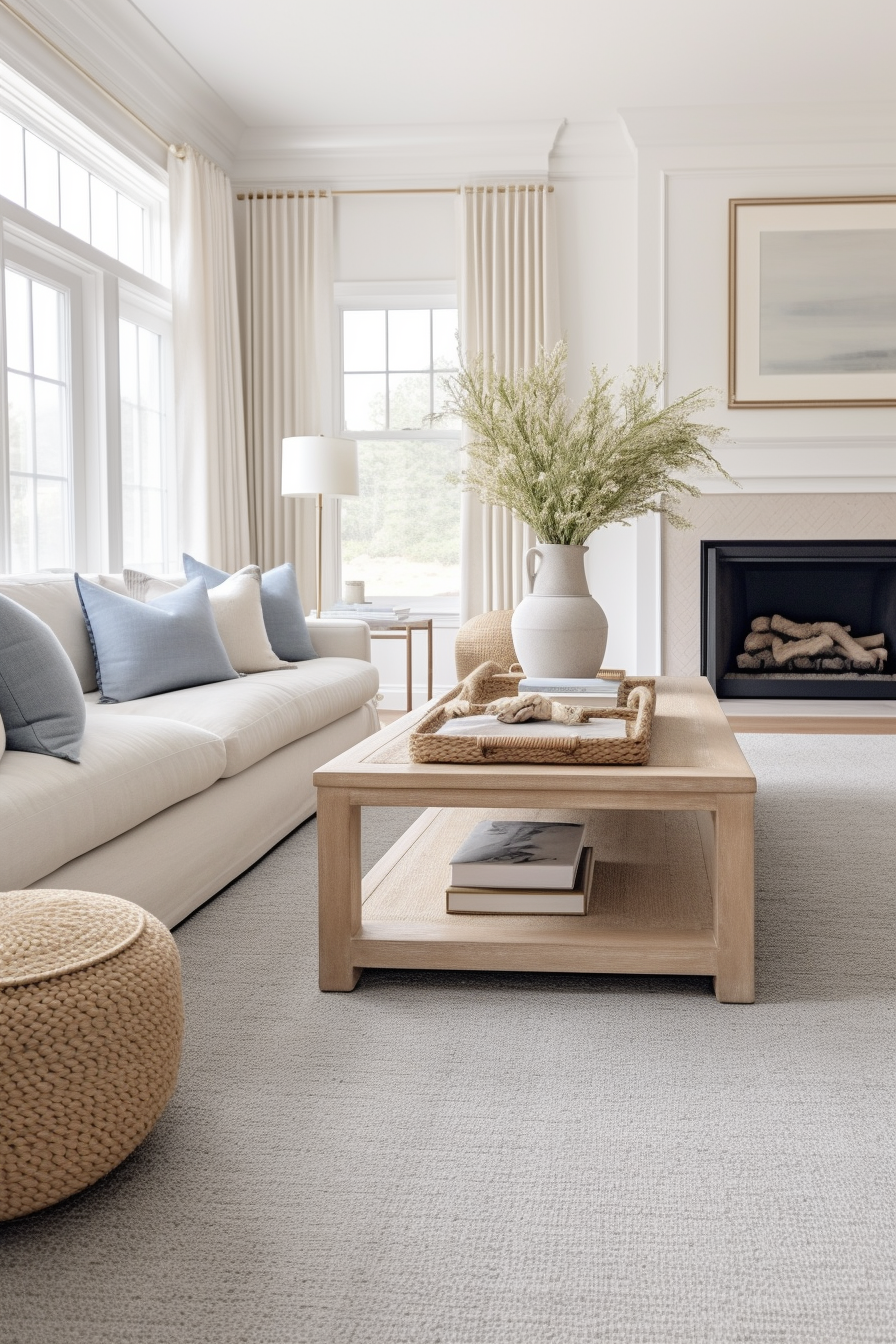 A living room with white furniture and blue accents, featuring a grey carpet.