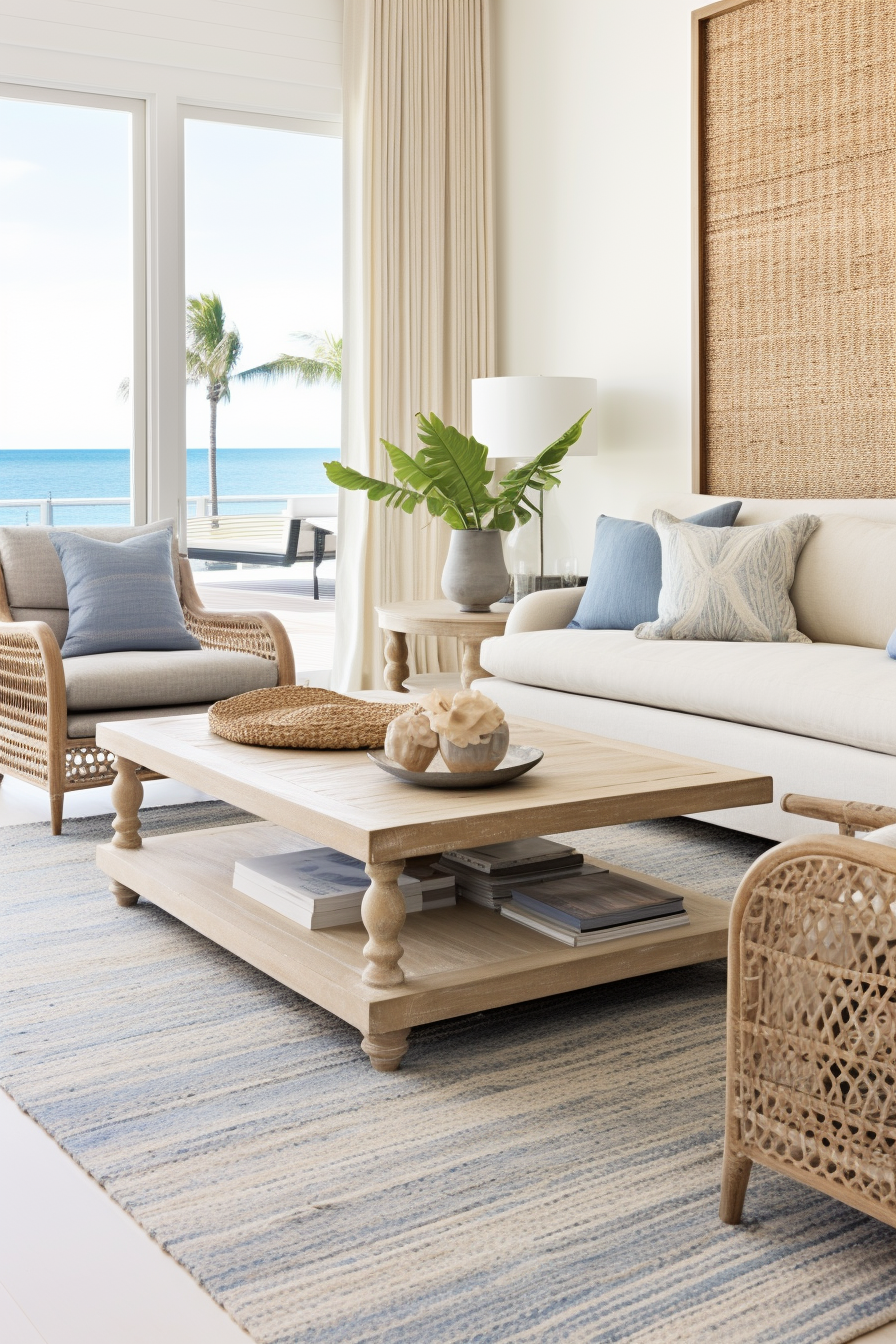 A living room with blue wicker furniture and a view of the ocean.
