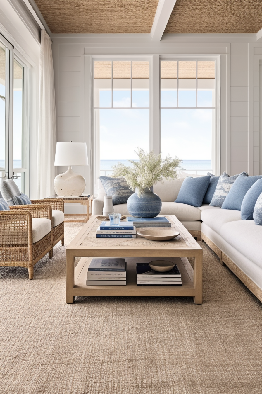 A blue and white living room with a view of the ocean.