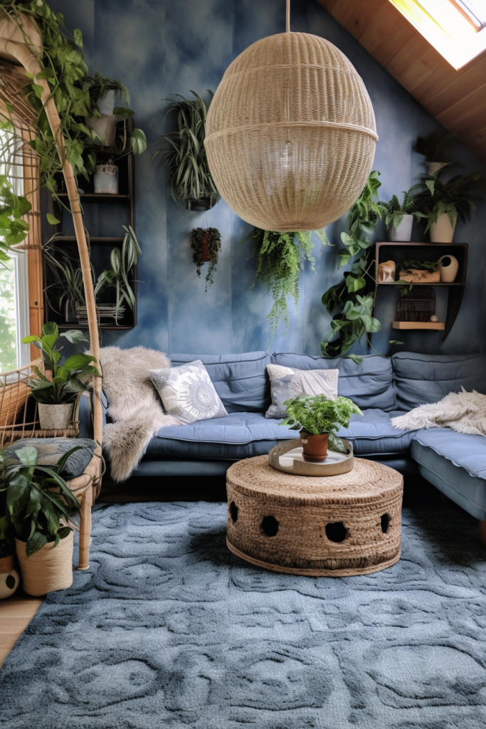 A living room with a blue couch and plants.