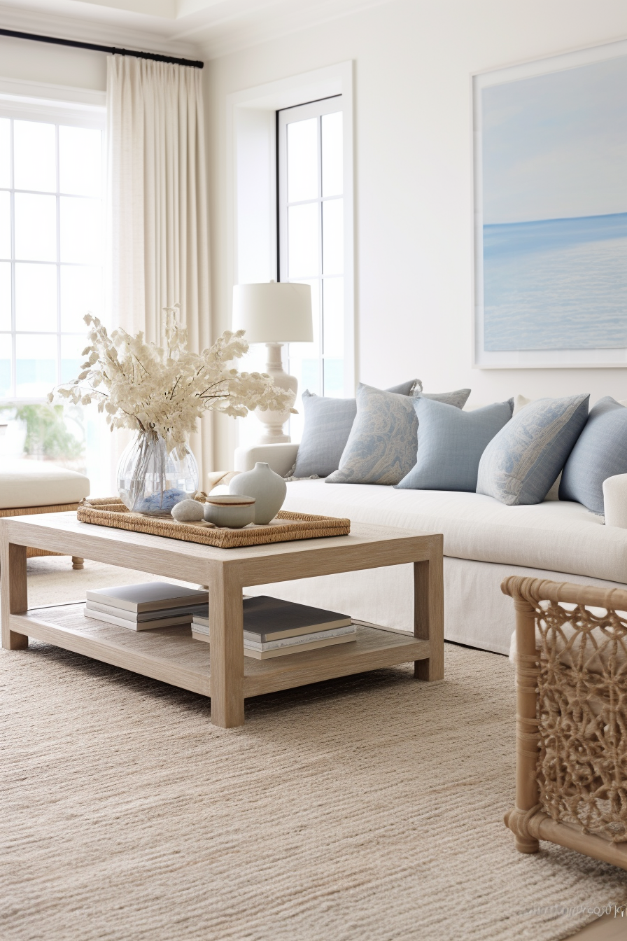 A living room with a white couch and touches of blue through cool tones.