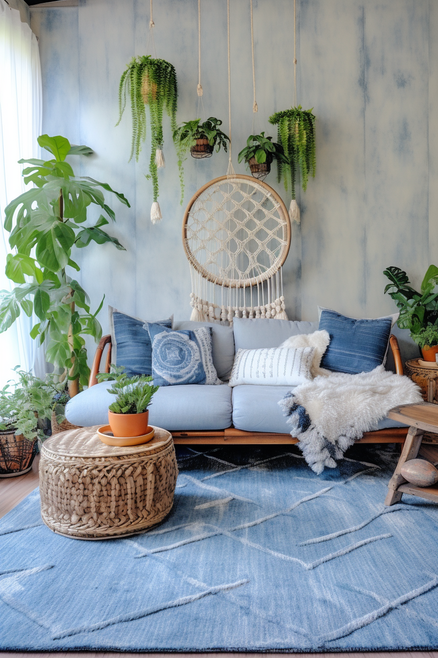 A living room with hints of blue accents and potted plants.