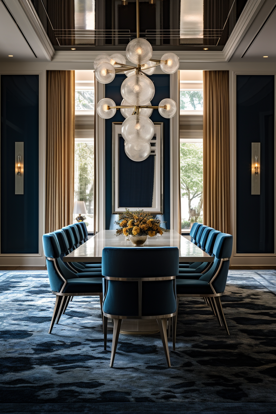A dining room with a table and chairs featuring hints of blue and grey carpets.