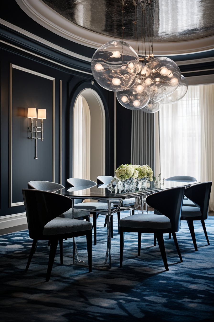 A dining room with a chandelier and blue carpet.