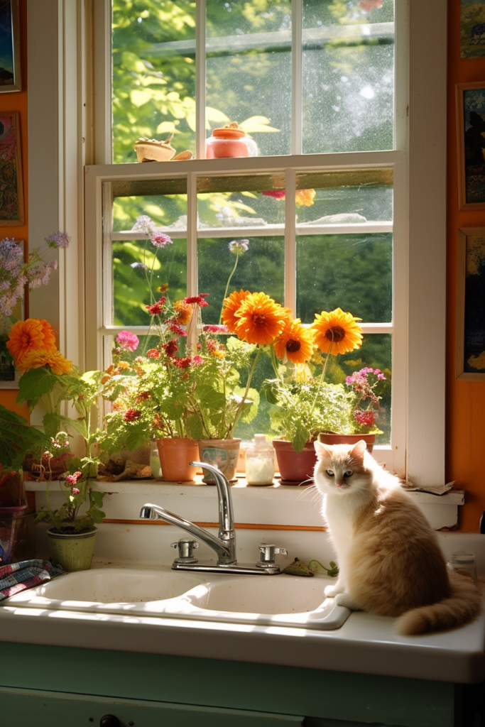 A curious cat perched on a sink, gazing out of a kitchen window.