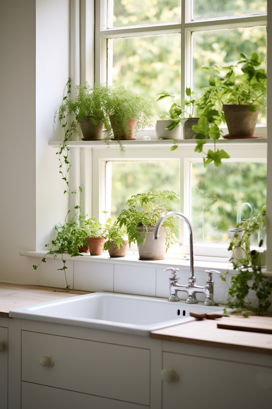 A kitchen with potted plants on the window sill, creating a delightful kitchen garden.