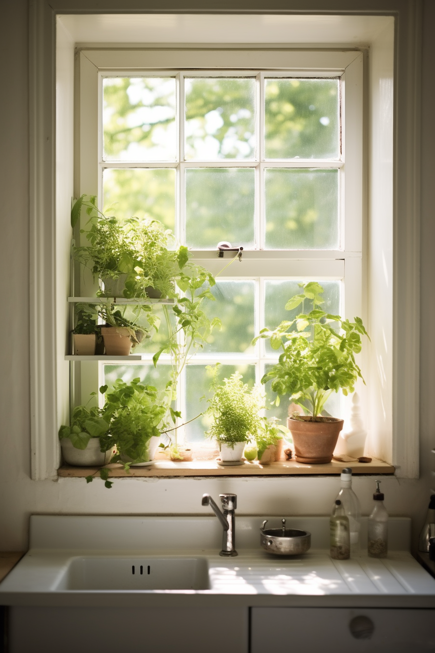 A kitchen window sill adorned with potted plants.