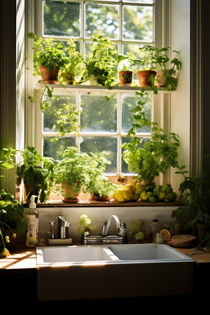 A kitchen window sill adorned with potted plants and a sink, perfect for creating a charming kitchen garden ambiance.