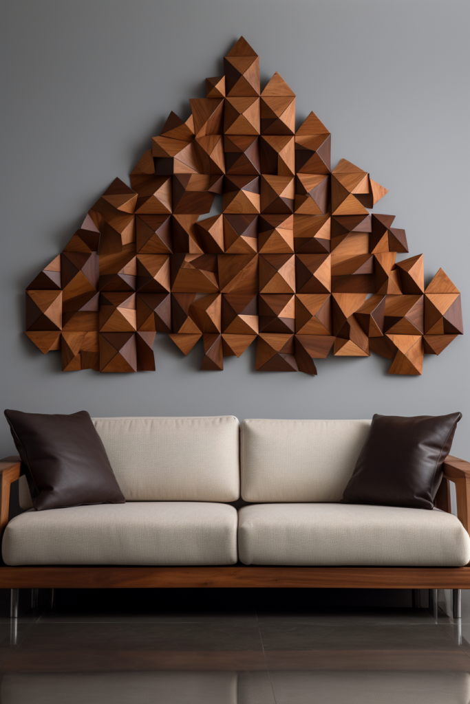 Elevate your living room decor with a sofa adorned with large wall art made of wood.