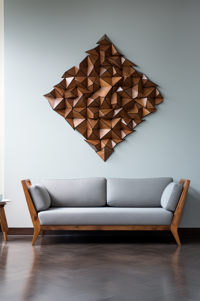 Elevate your living room decor with a sofa and a large wooden wall art.