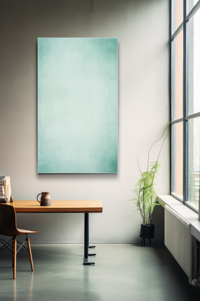 A large turquoise painting, perfect for elevating your space, hangs above a table in an office.