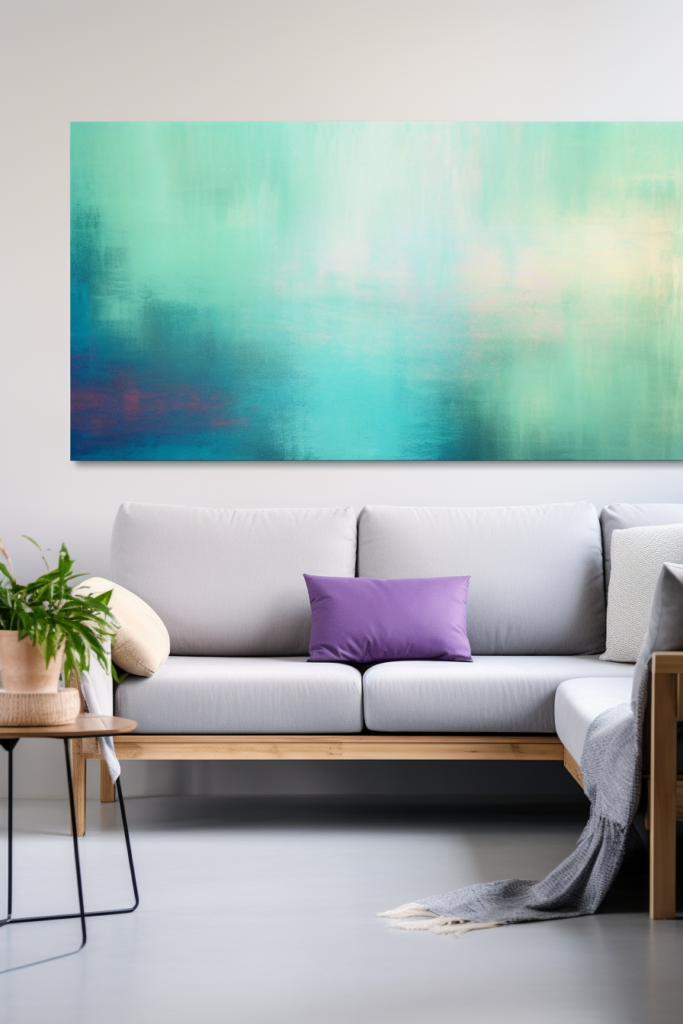 A stunning abstract painting elevates the living room decor, hanging above the couch.