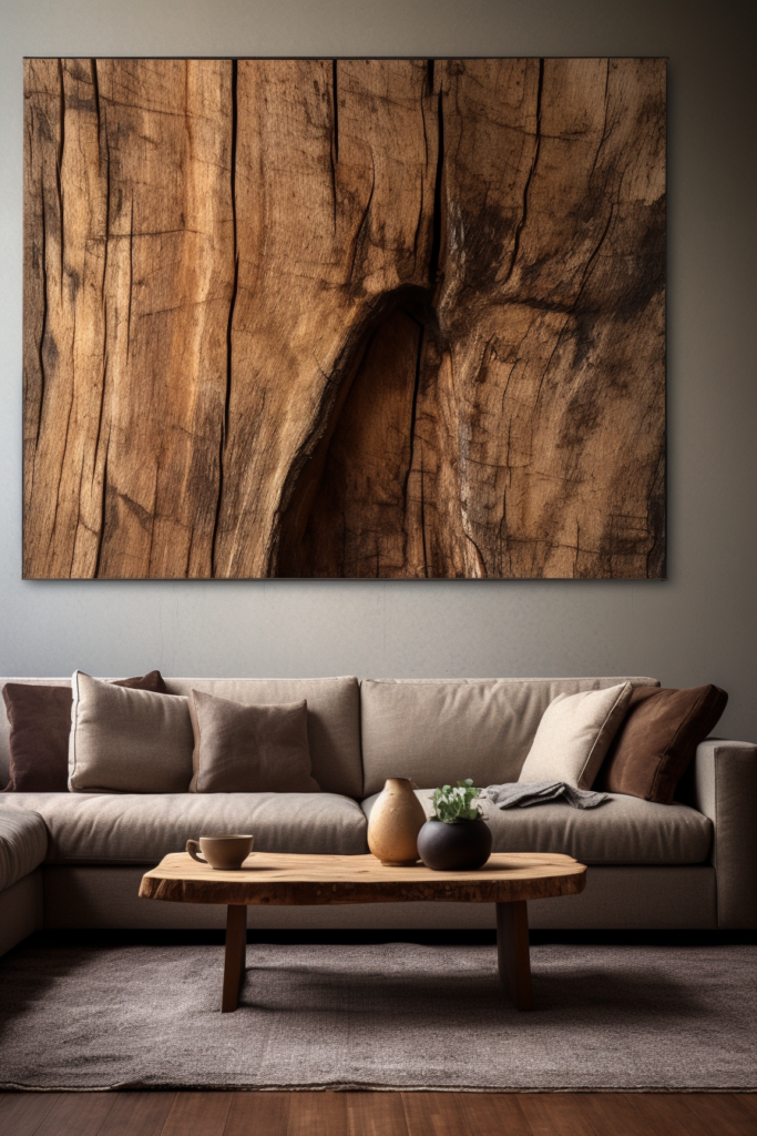 Elevate your space with stunning living room decor inspired by large wall art ideas. This image showcases a tree trunk displayed in a living room, adding a unique and natural touch to the space.