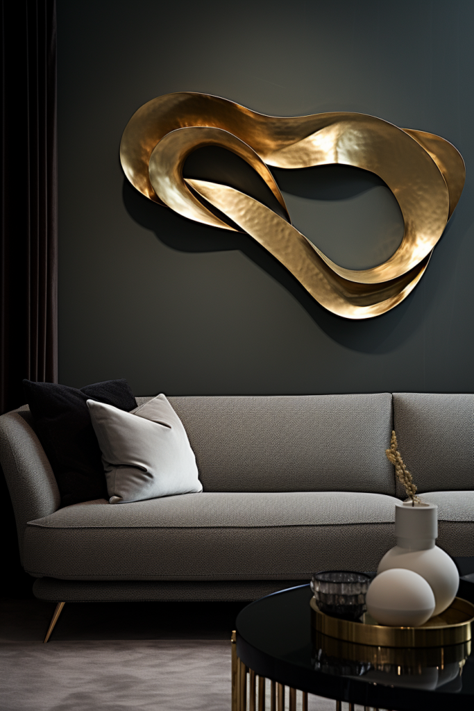 Elevate your stunning living room decor with large gold wall art above a sleek black couch.