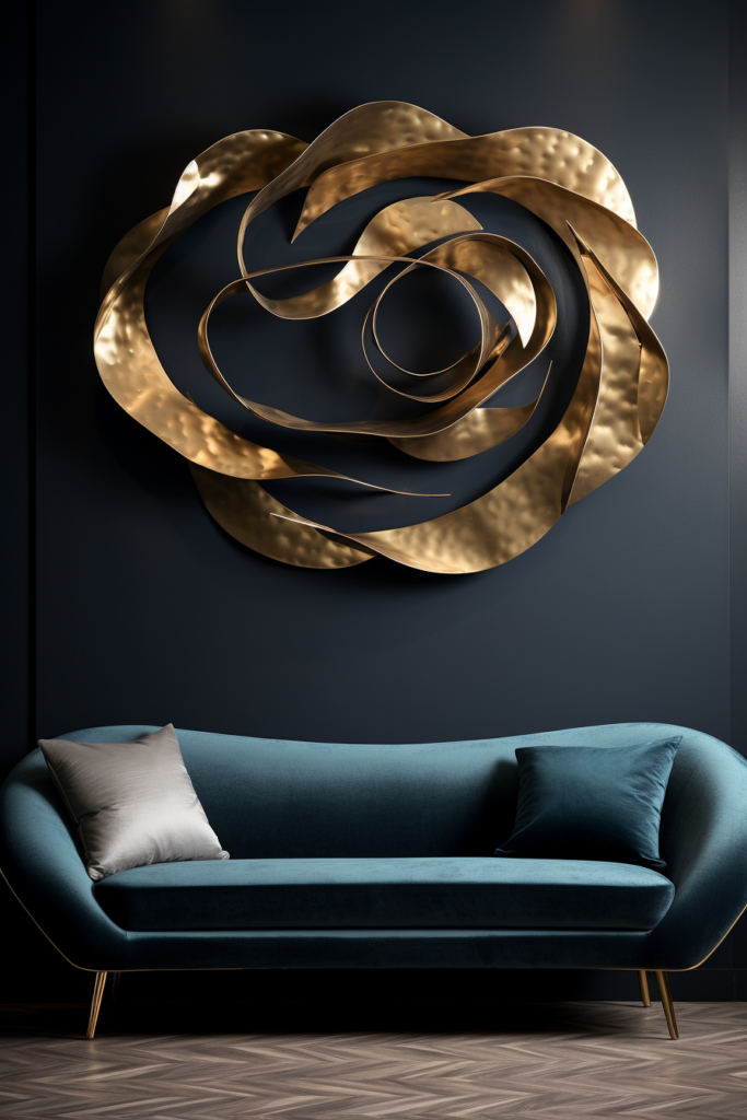 Stunning 3D rendering of a large gold wall art in a living room, perfectly elevating the space.