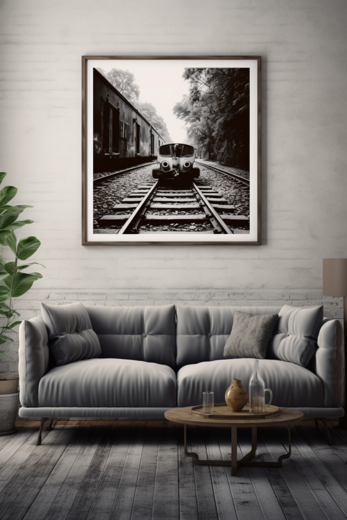 A stunning black and white photograph of a train track serving as large wall art in a living room.