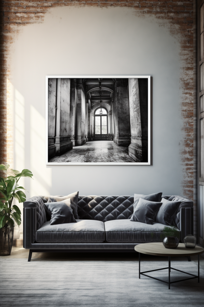 Elevate your living room decor with a stunning black and white photograph of an old building. Perfect for large wall art ideas.