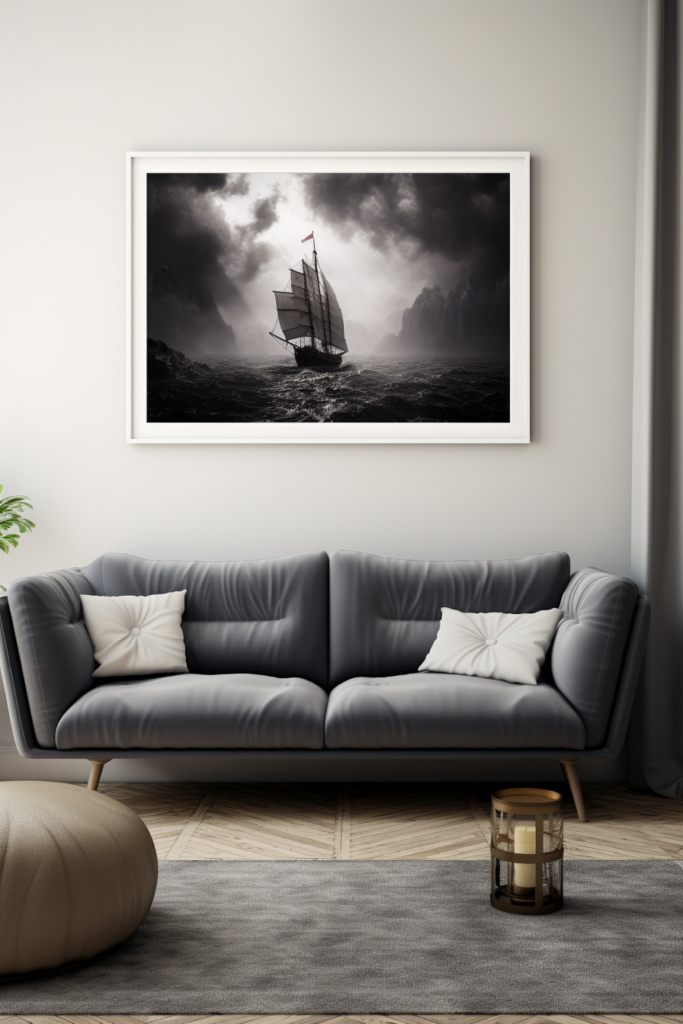 Elevate your space with a stunning black and white photo of a sailboat on the ocean.