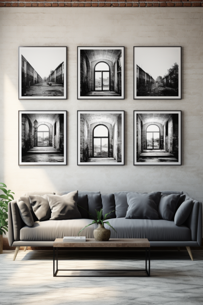 A living room with several large black and white photographs hanging above a couch, elevating the living room decor.