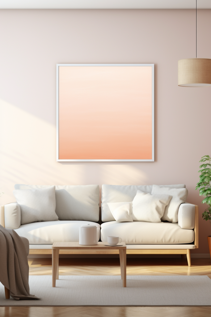 Elevate your living room with stunning decor featuring a white couch and large wall art in a pink frame.