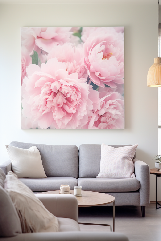Elevate Your Space with stunning living room decor featuring large wall art adorned with pink peonies.