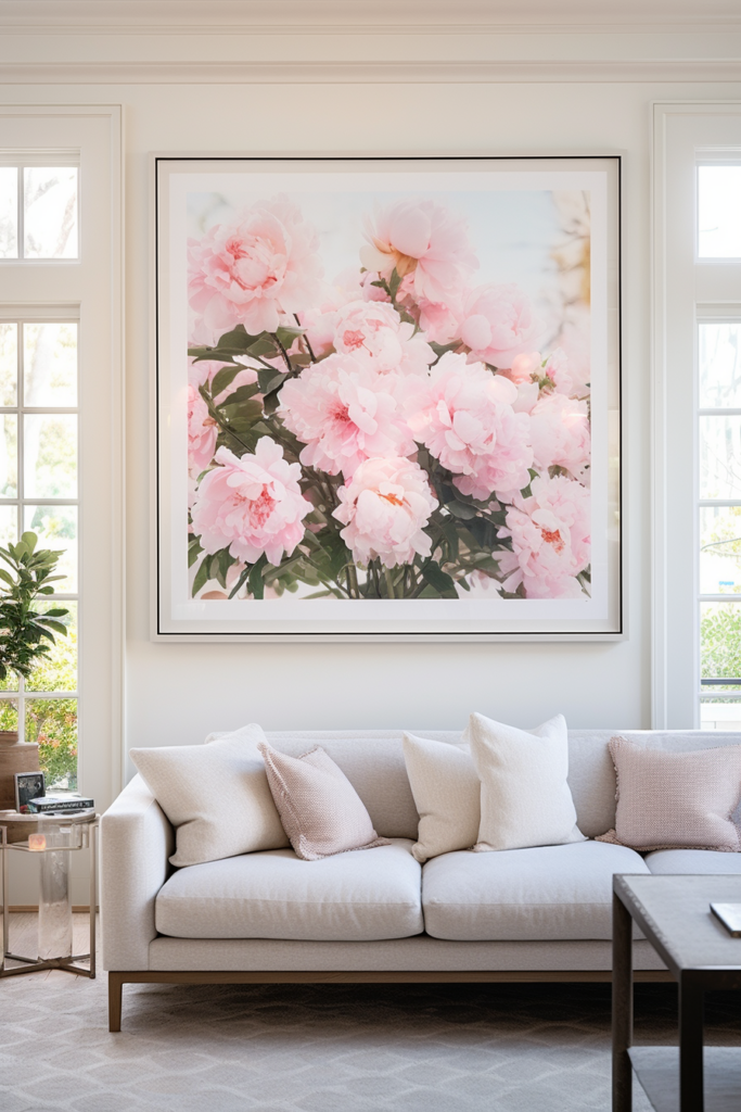 A stunning living room with large wall art, featuring pink flowers framed above a couch.