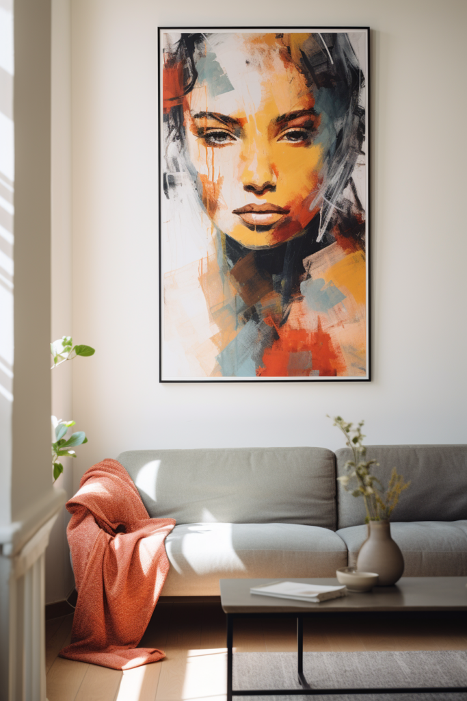 A large wall art of a woman hanging above a couch in a living room.