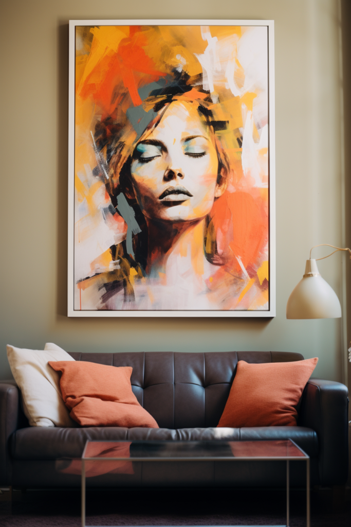 Elevate your living room decor with a stunning wall art featuring a woman, tastefully hung above a couch.