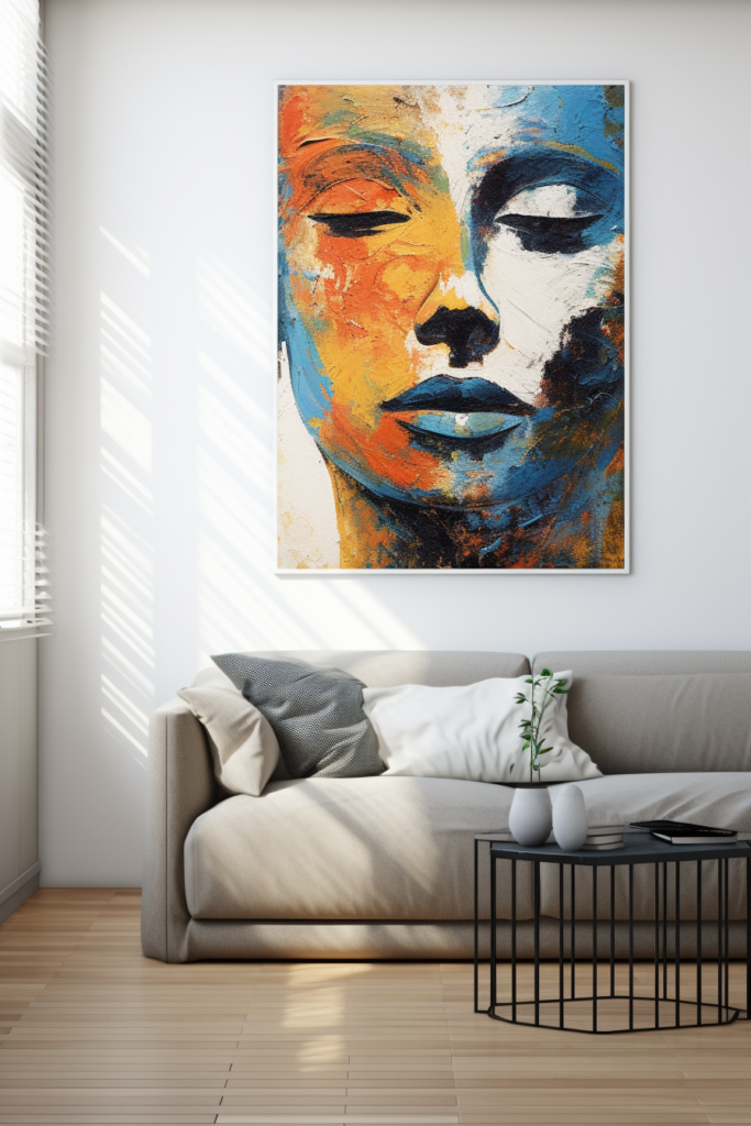 Elevate your living room decor with a large wall art depicting an abstract painting of a woman's face.