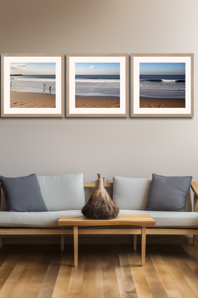 Elevate Your Space with three framed pictures of a beach scene in your Stunning Living Room Decor.