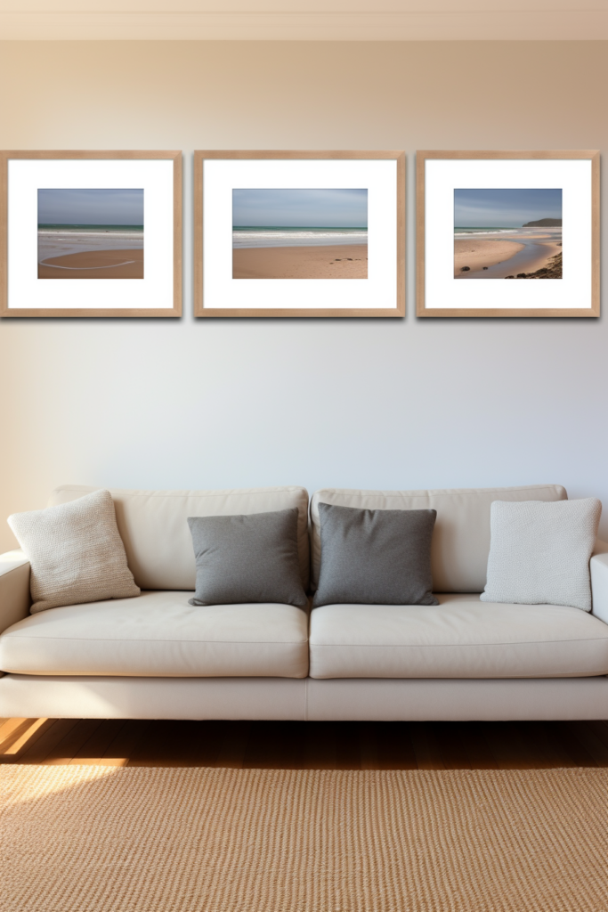 Elevate Your Space with three framed pictures of a beach, creating Stunning Living Room Decor with these Large Wall Art Ideas.