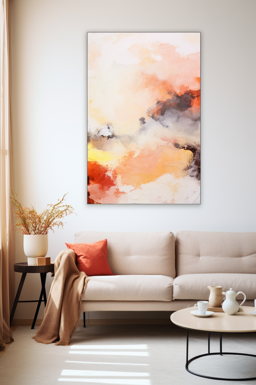A large abstract painting hangs above a couch, elevating the living room decor.