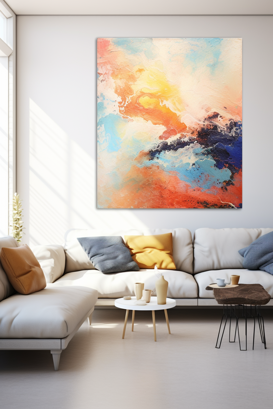 An abstract painting, serving as large wall art, elevates the living room decor above a couch.