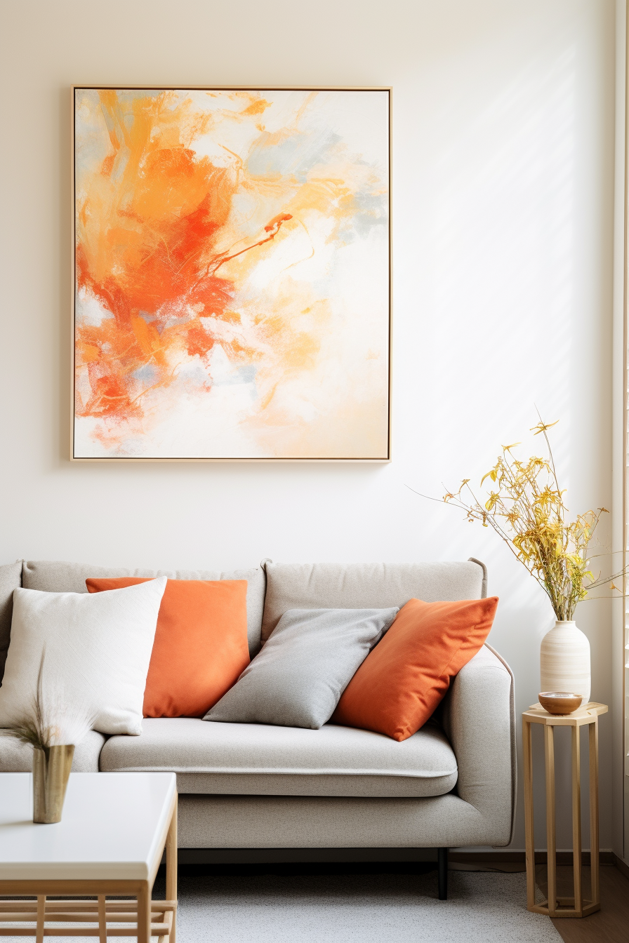 Elevate Your Space with a stunning living room decor as an orange abstract painting hangs above a couch in a living room.
