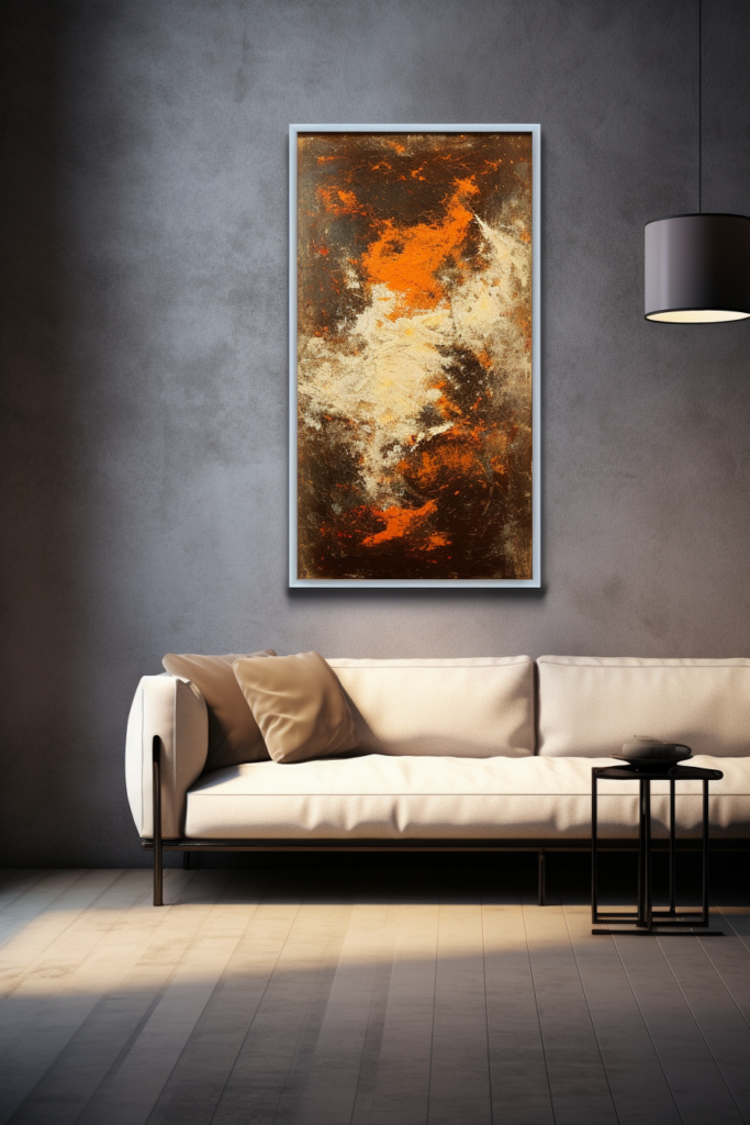An abstract painting, representing modern interior design, hangs above a couch in a living room.