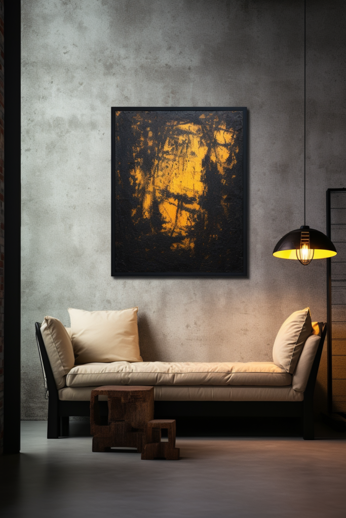 A modern interior design is accentuated by a large wall art featuring an abstract painting hanging above a couch in the living room.