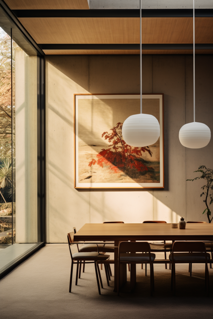 A dining room with a modern wooden table and chairs adorned by large wall art paintings.