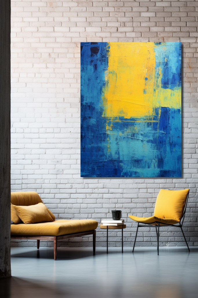 A vibrant abstract painting in shades of blue and yellow adds a modern touch to the living room decor.