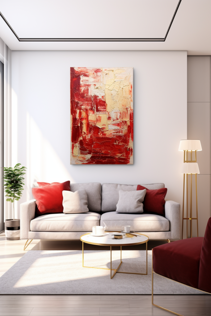 A modern interior design is enhanced by a large wall art, an abstract painting, hanging above a couch in the living room.