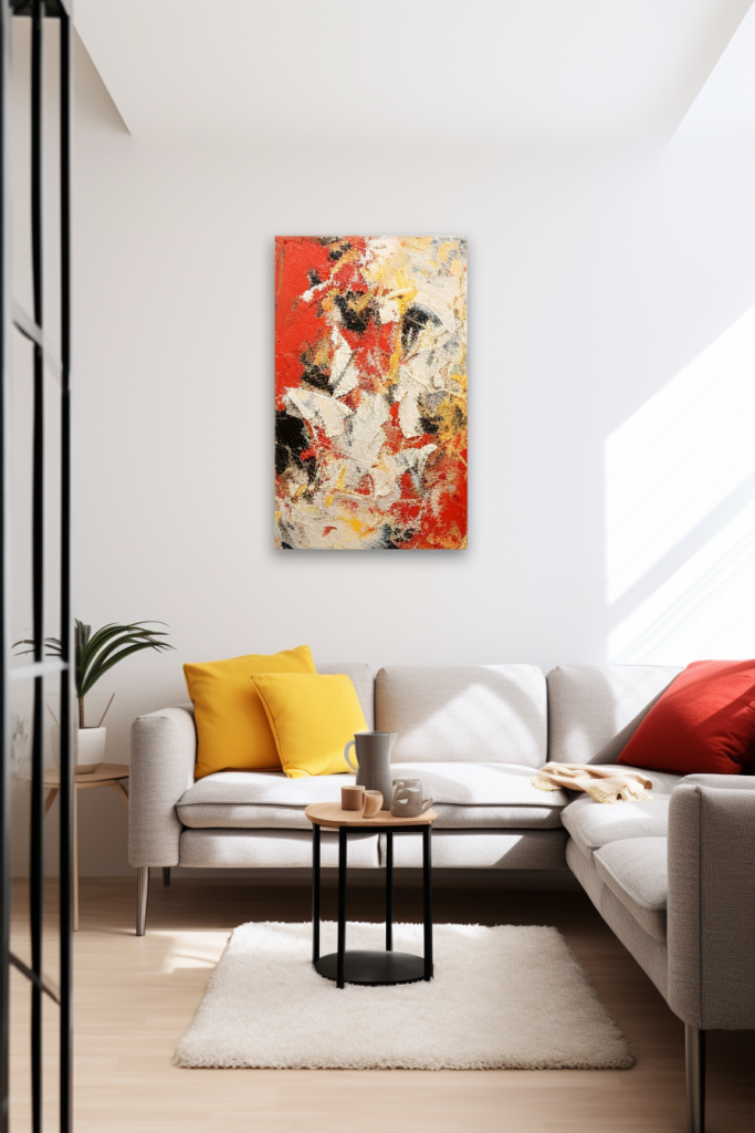 A large abstract painting adorns the wall above a couch in a modern living room.