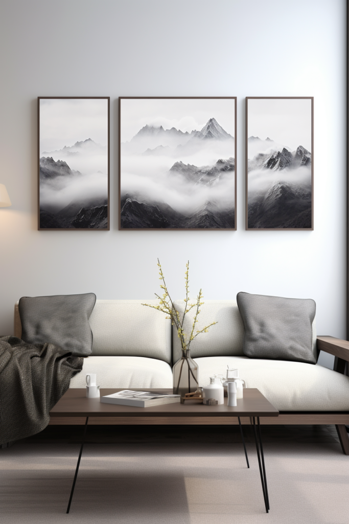 A modern living room with three large black and white framed paintings, showcasing stunning wall art.
